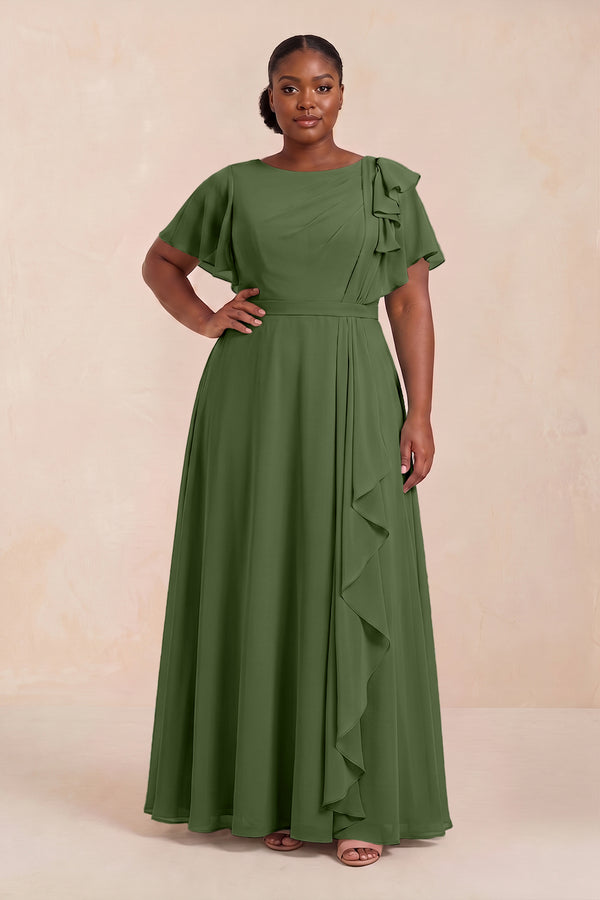 Short Sleeves Bateau A-Line Chiffon Bridesmaid Dress in Moss (3) [sizeplus] | KISSBRIDAL