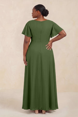 Short Sleeves Bateau A-Line Chiffon Bridesmaid Dress in Moss (4) [sizeplus] | KISSBRIDAL