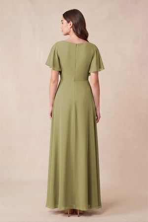 Short Sleeves Bateau A-Line Chiffon Bridesmaid Dress in Moss Green (2) | KISSBRIDAL