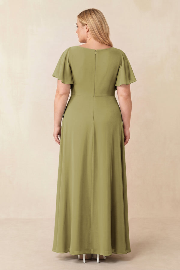 Short Sleeves Bateau A-Line Chiffon Bridesmaid Dress in Moss Green (2) [sizeplus] | KISSBRIDAL