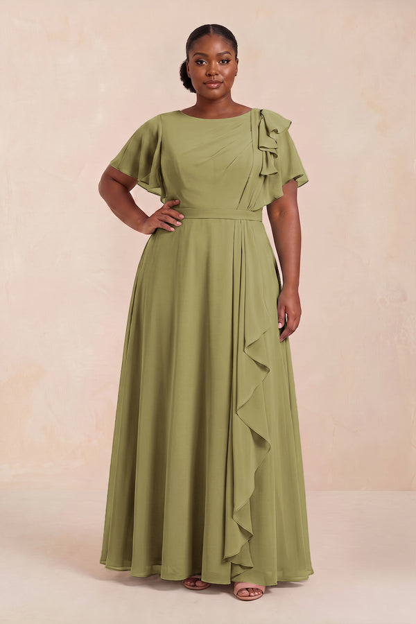 Short Sleeves Bateau A-Line Chiffon Bridesmaid Dress in Moss Green (3) [sizeplus] | KISSBRIDAL