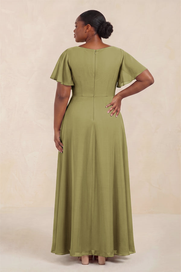 Short Sleeves Bateau A-Line Chiffon Bridesmaid Dress in Moss Green (4) [sizeplus] | KISSBRIDAL