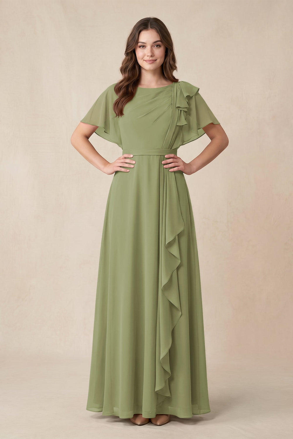 Short Sleeves Bateau A - Line Chiffon Bridesmaid Dress in Moss Green - KISS BRIDAL Bridesmaid Dresses