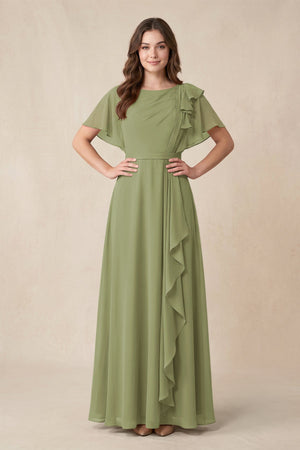 Short Sleeves Bateau A - Line Chiffon Bridesmaid Dress in Moss Green - SHE IS ME Bridesmaid Dresses