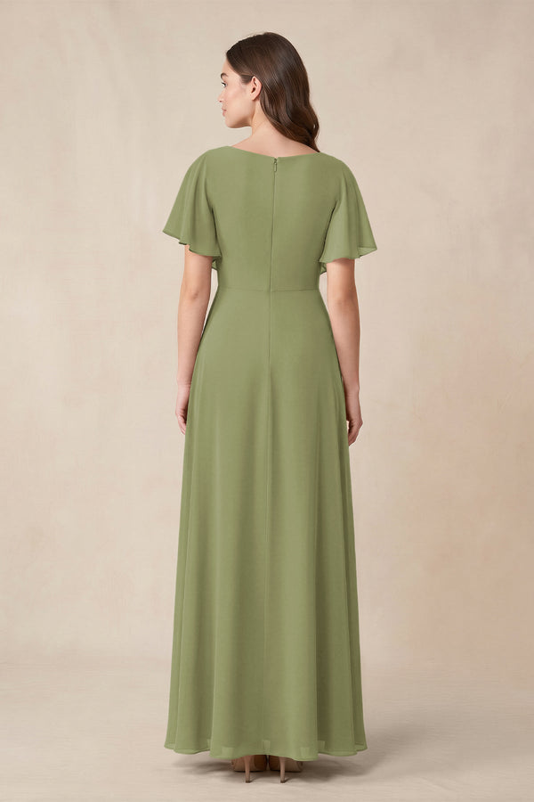 Short Sleeves Bateau A - Line Chiffon Bridesmaid Dress in Moss Green - SHE IS ME Bridesmaid Dresses