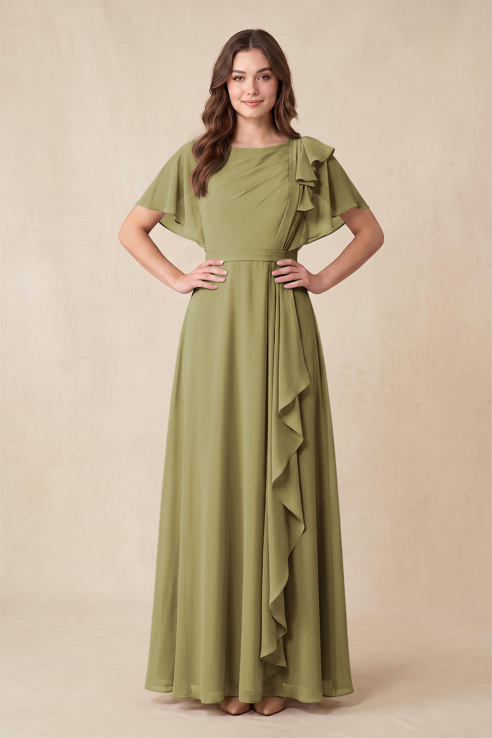Short Sleeves Bateau A-Line Chiffon Bridesmaid Dress in Moss Green