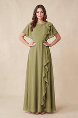 Short Sleeves Bateau A-Line Chiffon Bridesmaid Dress in Moss Green | KISSBRIDAL