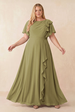 Short Sleeves Bateau A-Line Chiffon Bridesmaid Dress in Moss Green [sizeplus] | KISSBRIDAL