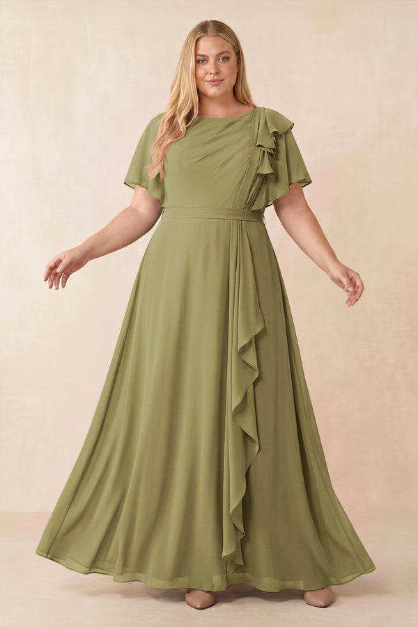 Short Sleeves Bateau A-Line Chiffon Bridesmaid Dress in Moss Green [sizeplus] | KISSBRIDAL
