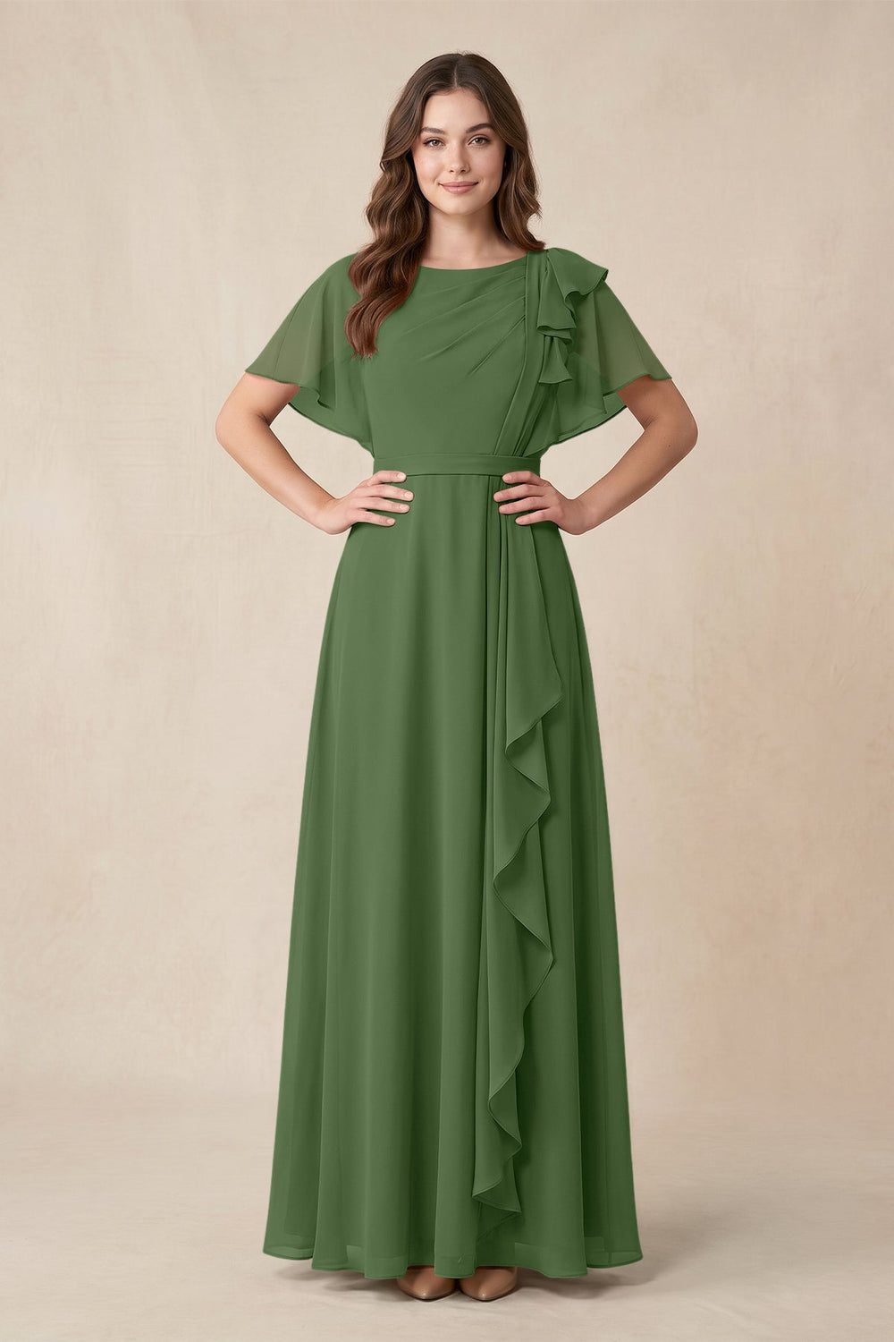 Short Sleeves Bateau A - Line Chiffon Bridesmaid Dress in Moss - KISS BRIDAL Bridesmaid Dresses