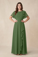 Short Sleeves Bateau A - Line Chiffon Bridesmaid Dress in Moss - SHE IS ME Bridesmaid Dresses