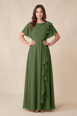 Short Sleeves Bateau A-Line Chiffon Bridesmaid Dress in Moss | KISSBRIDAL