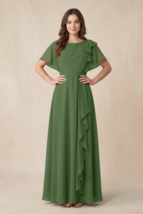 Short Sleeves Bateau A - Line Chiffon Bridesmaid Dress in Moss - SHE IS ME Bridesmaid Dresses