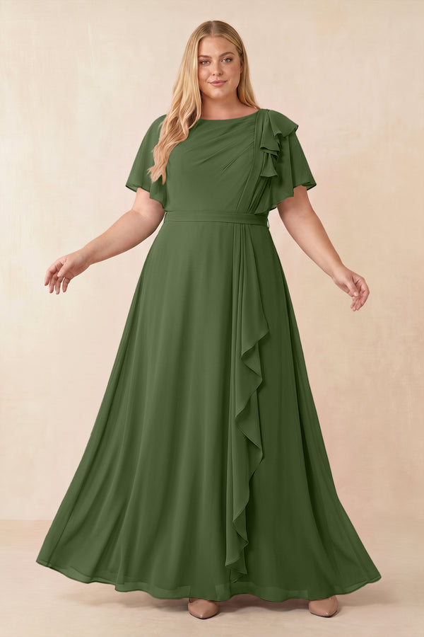Short Sleeves Bateau A-Line Chiffon Bridesmaid Dress in Moss [sizeplus] | KISSBRIDAL
