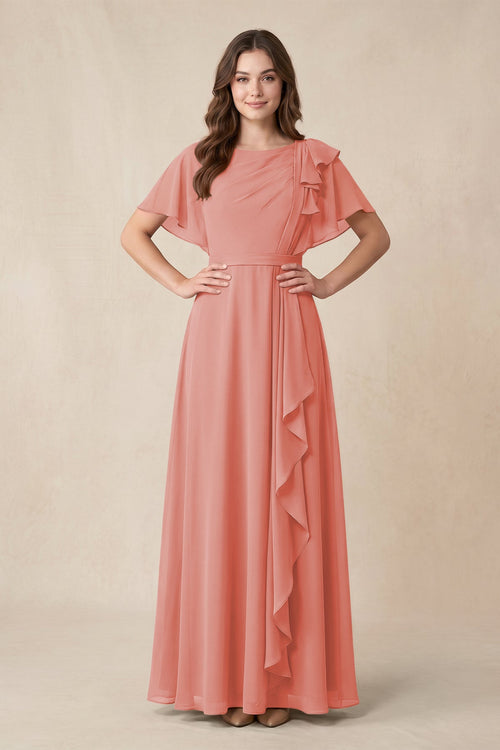 Short Sleeves Bateau A - Line Chiffon Bridesmaid Dress in Mulberry - SHE IS ME Bridesmaid Dresses