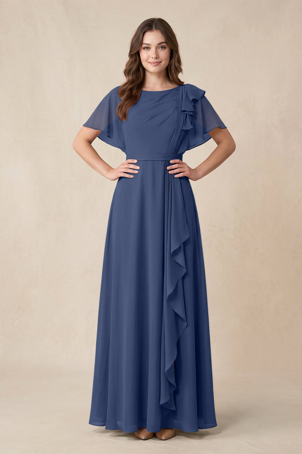 Short Sleeves Bateau A - Line Chiffon Bridesmaid Dress in Navy - KISS BRIDAL Bridesmaid Dresses