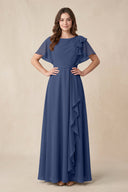 Short Sleeves Bateau A - Line Chiffon Bridesmaid Dress in Navy - SHE IS ME Bridesmaid Dresses