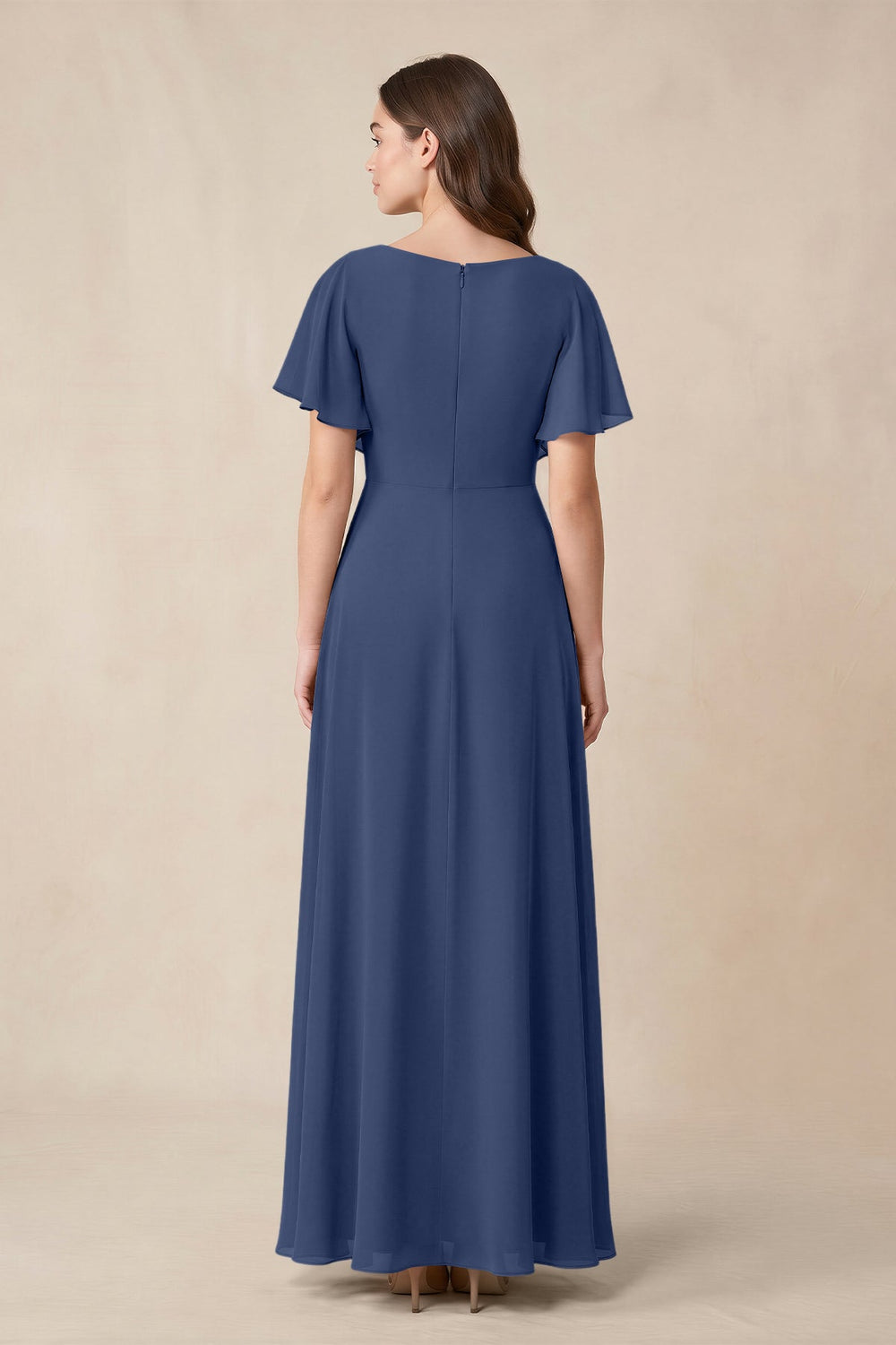 Short Sleeves Bateau A - Line Chiffon Bridesmaid Dress in Navy - KISS BRIDAL Bridesmaid Dresses