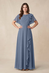 Short Sleeves Bateau A - Line Chiffon Bridesmaid Dress in Neptune - KISS BRIDAL Bridesmaid Dresses