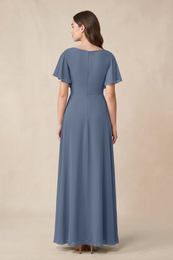 Short Sleeves Bateau A - Line Chiffon Bridesmaid Dress in Neptune - SHE IS ME Bridesmaid Dresses