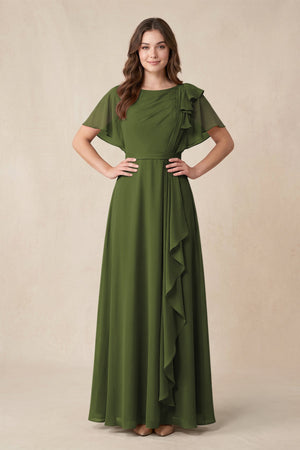 Short Sleeves Bateau A - Line Chiffon Bridesmaid Dress in Olive - SHE IS ME Bridesmaid Dresses
