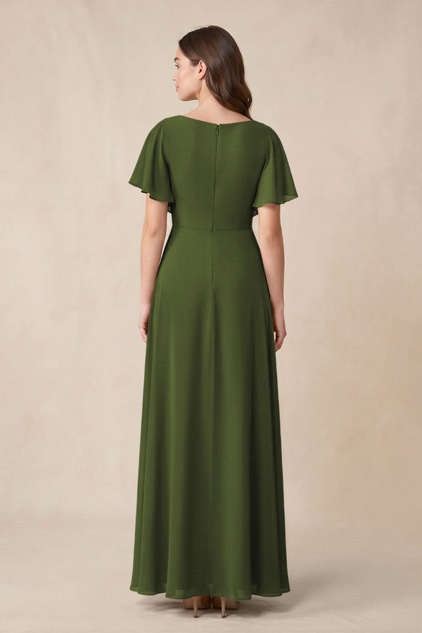 Short Sleeves Bateau A - Line Chiffon Bridesmaid Dress in Olive - SHE IS ME Bridesmaid Dresses