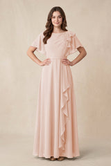 Short Sleeves Bateau A - Line Chiffon Bridesmaid Dress in Pale Blush - KISS BRIDAL Bridesmaid Dresses