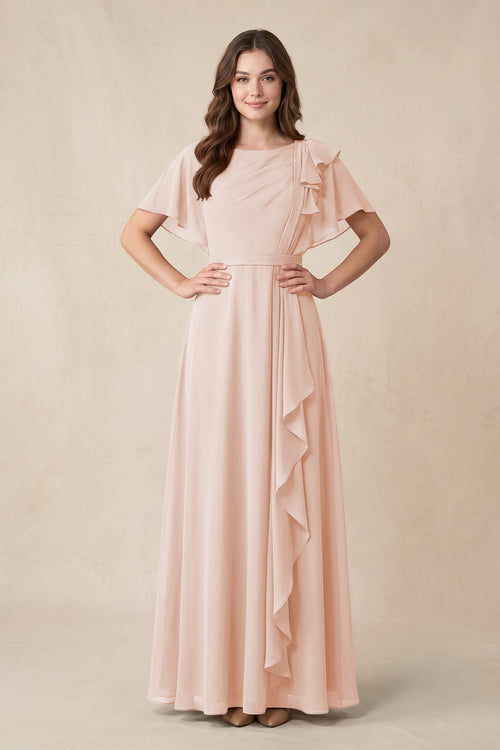 Short Sleeves Bateau A - Line Chiffon Bridesmaid Dress in Pale Blush - SHE IS ME Bridesmaid Dresses