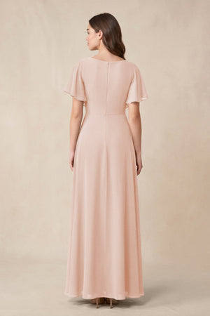Short Sleeves Bateau A - Line Chiffon Bridesmaid Dress in Pale Blush - SHE IS ME Bridesmaid Dresses