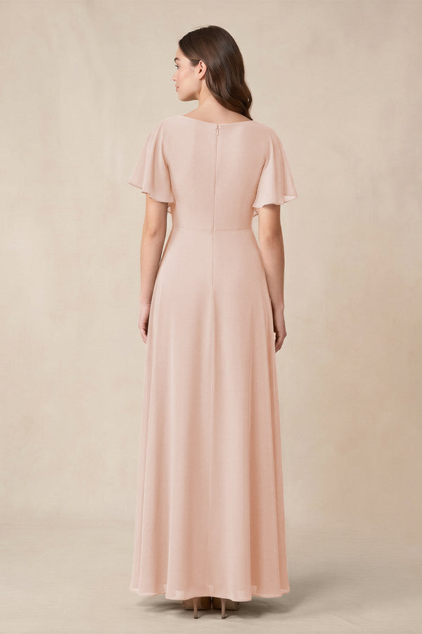 Short Sleeves Bateau A - Line Chiffon Bridesmaid Dress in Pale Blush - SHE IS ME Bridesmaid Dresses