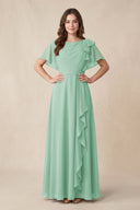 Short Sleeves Bateau A - Line Chiffon Bridesmaid Dress in Pale Pistachio - SHE IS ME Bridesmaid Dresses