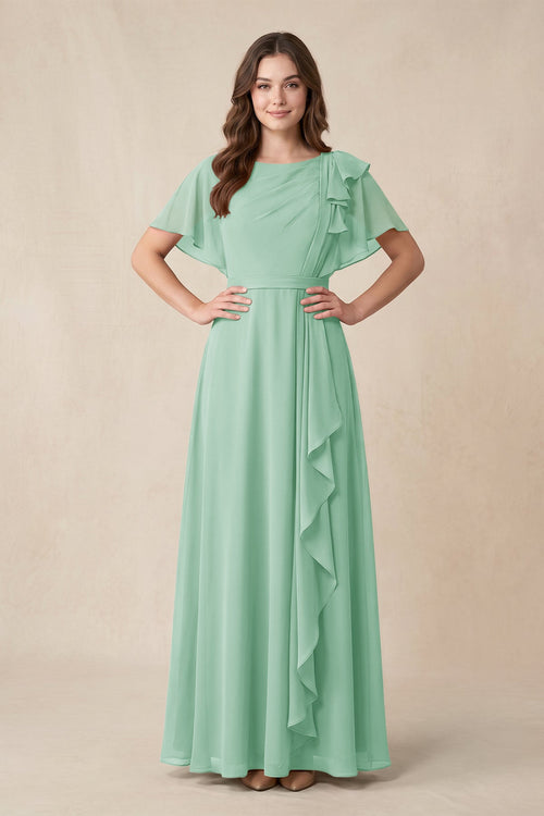 Short Sleeves Bateau A - Line Chiffon Bridesmaid Dress in Pale Pistachio - SHE IS ME Bridesmaid Dresses