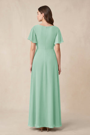 Short Sleeves Bateau A - Line Chiffon Bridesmaid Dress in Pale Pistachio - SHE IS ME Bridesmaid Dresses