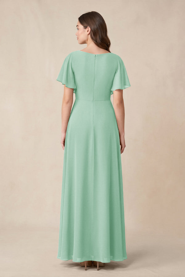 Short Sleeves Bateau A - Line Chiffon Bridesmaid Dress in Pale Pistachio - SHE IS ME Bridesmaid Dresses