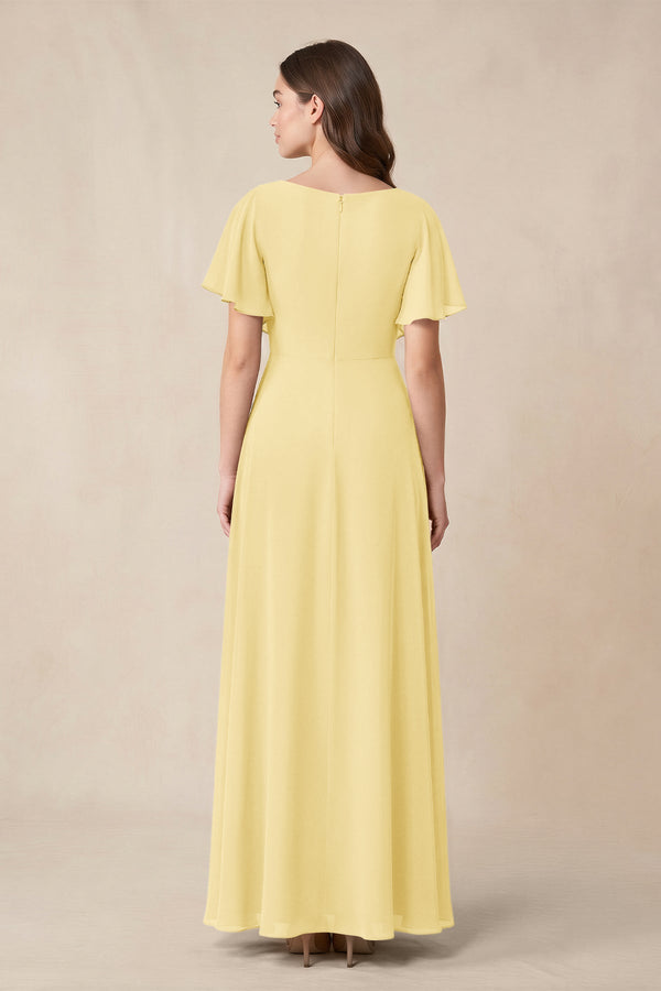 Short Sleeves Bateau A - Line Chiffon Bridesmaid Dress in Pastel Yellow - SHE IS ME Bridesmaid Dresses