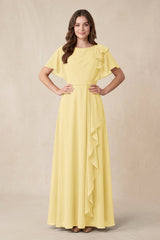 Short Sleeves Bateau A - Line Chiffon Bridesmaid Dress in Pastel Yellow - KISS BRIDAL Bridesmaid Dresses