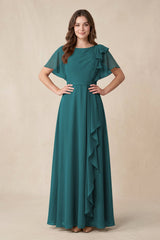 Short Sleeves Bateau A - Line Chiffon Bridesmaid Dress in Pine - KISS BRIDAL Bridesmaid Dresses