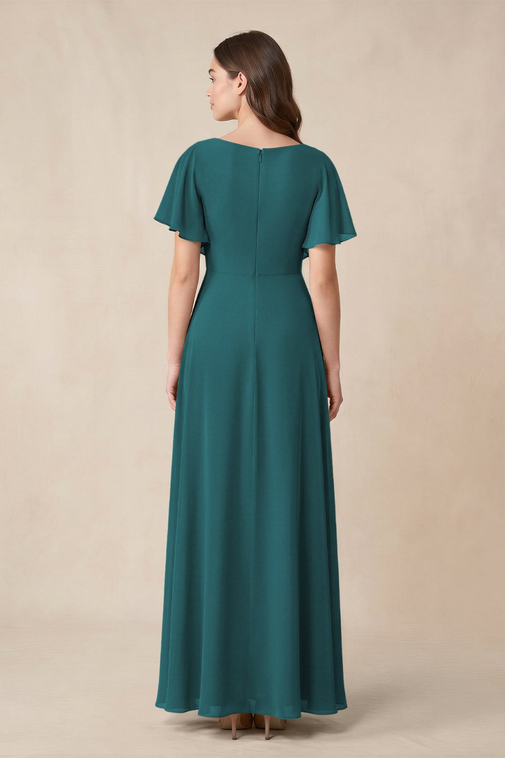 Short Sleeves Bateau A - Line Chiffon Bridesmaid Dress in Pine - KISS BRIDAL Bridesmaid Dresses