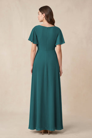 Short Sleeves Bateau A - Line Chiffon Bridesmaid Dress in Pine - SHE IS ME Bridesmaid Dresses