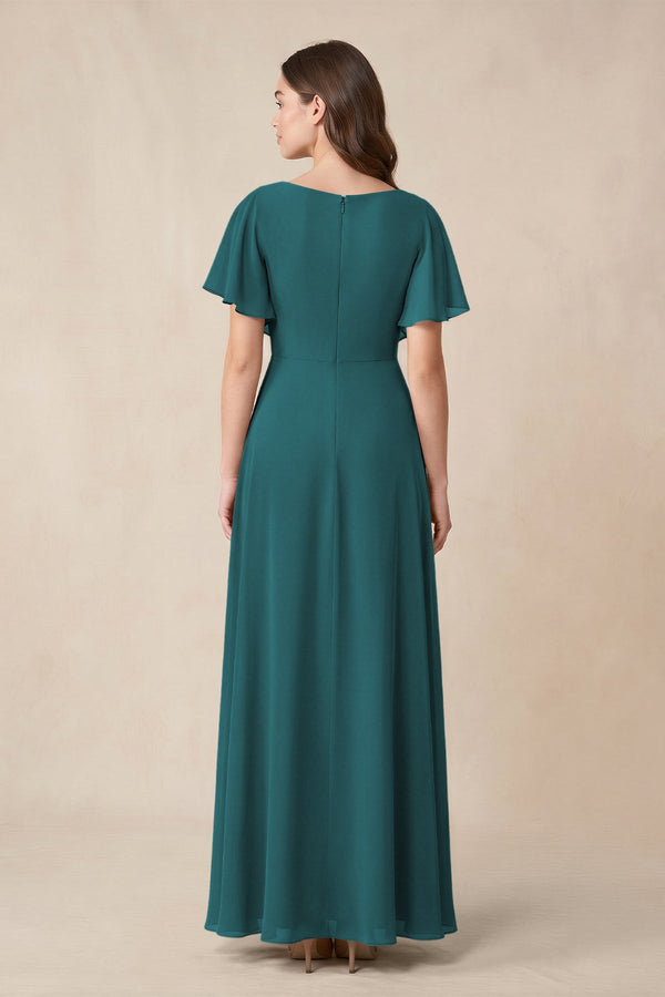 Short Sleeves Bateau A - Line Chiffon Bridesmaid Dress in Pine - SHE IS ME Bridesmaid Dresses