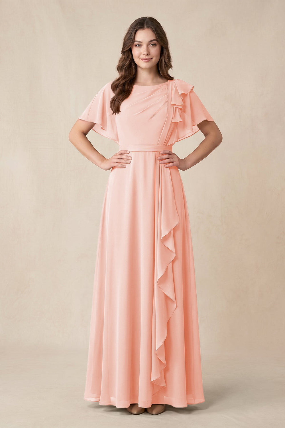 Short Sleeves Bateau A - Line Chiffon Bridesmaid Dress in Rose Petal - KISS BRIDAL Bridesmaid Dresses