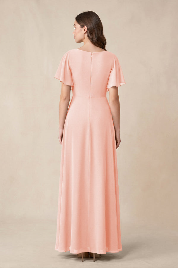 Short Sleeves Bateau A - Line Chiffon Bridesmaid Dress in Rose Petal - SHE IS ME Bridesmaid Dresses
