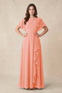 Short Sleeves Bateau A - Line Chiffon Bridesmaid Dress in Rosette - SHE IS ME Bridesmaid Dresses