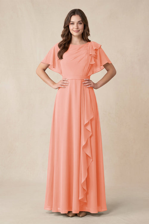 Short Sleeves Bateau A - Line Chiffon Bridesmaid Dress in Rosette - SHE IS ME Bridesmaid Dresses