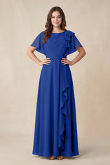 Short Sleeves Bateau A - Line Chiffon Bridesmaid Dress in Royal Blue - KISS BRIDAL Bridesmaid Dresses