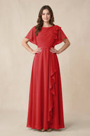 Short Sleeves Bateau A - Line Chiffon Bridesmaid Dress in Ruby Red - SHE IS ME Bridesmaid Dresses