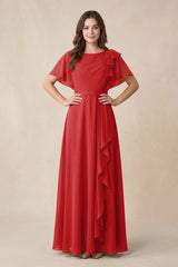 Short Sleeves Bateau A - Line Chiffon Bridesmaid Dress in Ruby Red - KISS BRIDAL Bridesmaid Dresses