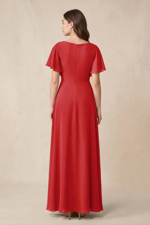 Short Sleeves Bateau A - Line Chiffon Bridesmaid Dress in Ruby Red - SHE IS ME Bridesmaid Dresses