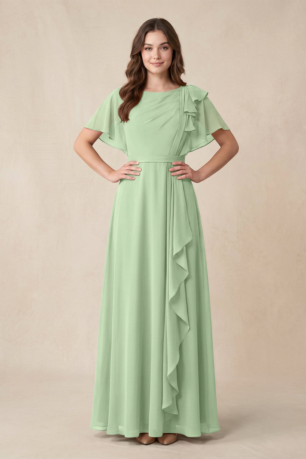Short Sleeves Bateau A - Line Chiffon Bridesmaid Dress in Sage - KISS BRIDAL Bridesmaid Dresses