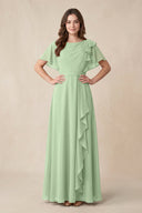 Short Sleeves Bateau A - Line Chiffon Bridesmaid Dress in Sage - SHE IS ME Bridesmaid Dresses